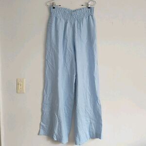 Sunny Leigh Pants Womens XL Blue 100%Linen Pull On Wide Leg Palazzo Pocket Beach